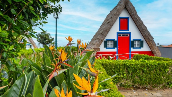 Cabañas tradicionales y jardín de Madeira en el pueblo de Santana
