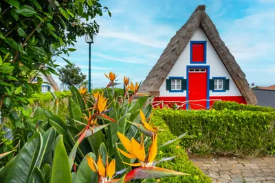 Cabañas tradicionales y jardín de Madeira en el pueblo de Santana