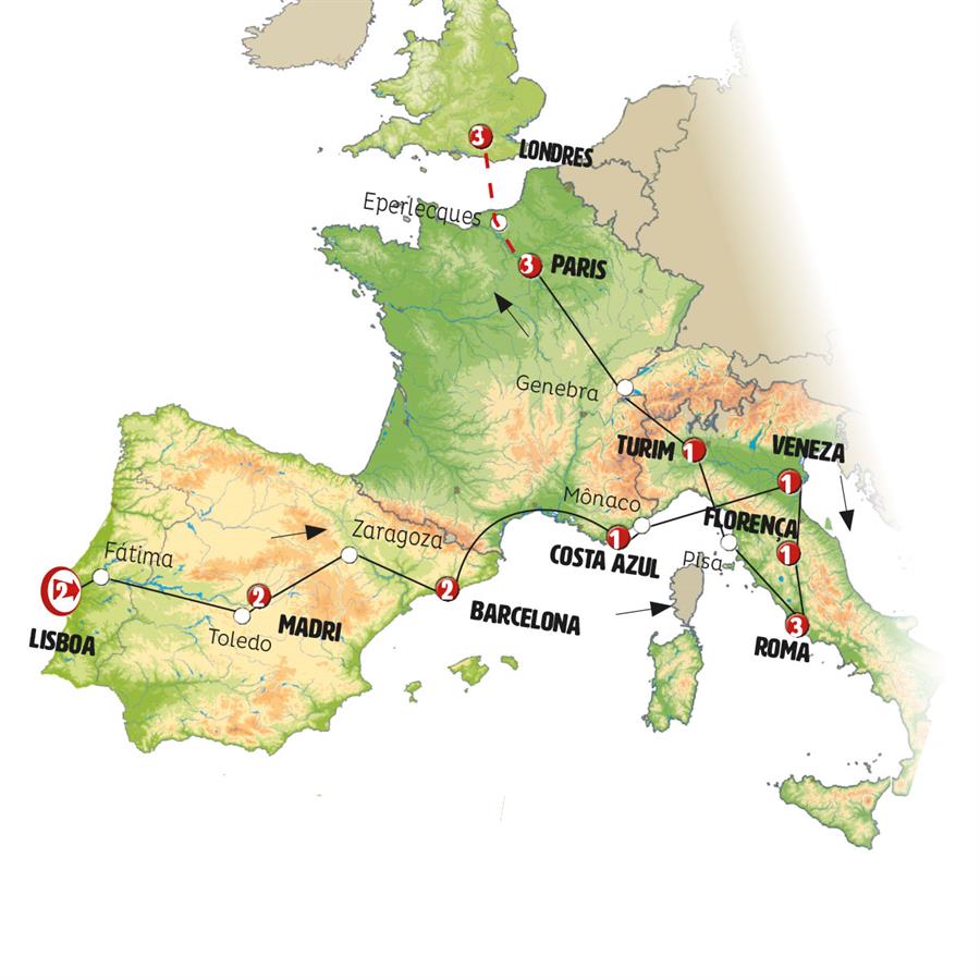 Portugal, Espanha, Itália, França, Londres Especia Barcelona-Mais 15d