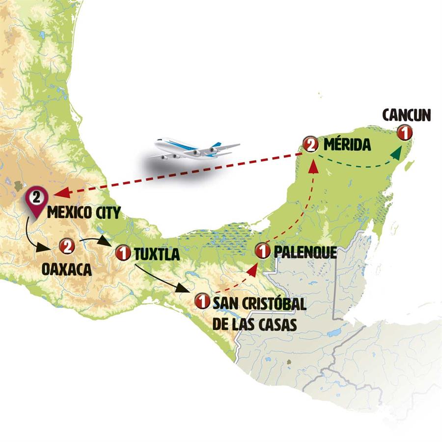 From Mexico City to Cancun - Map