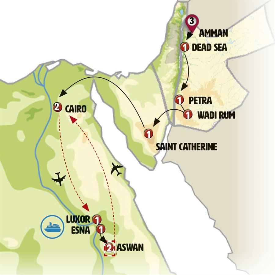 Lights of Jordan and Egypt with Nile Cruise - Map
