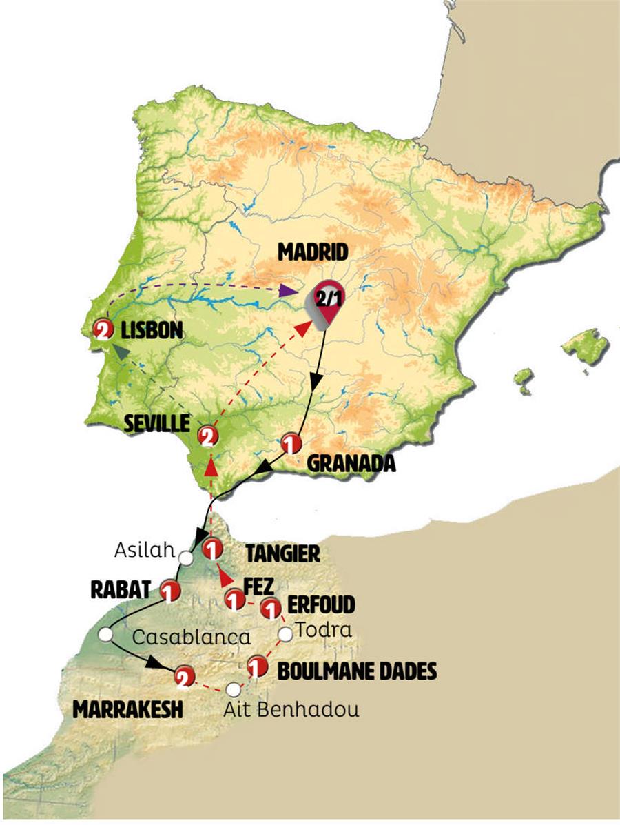 tourhub | Europamundo | Madrid, Andalusia, Morocco and Lisbon | Tour Map