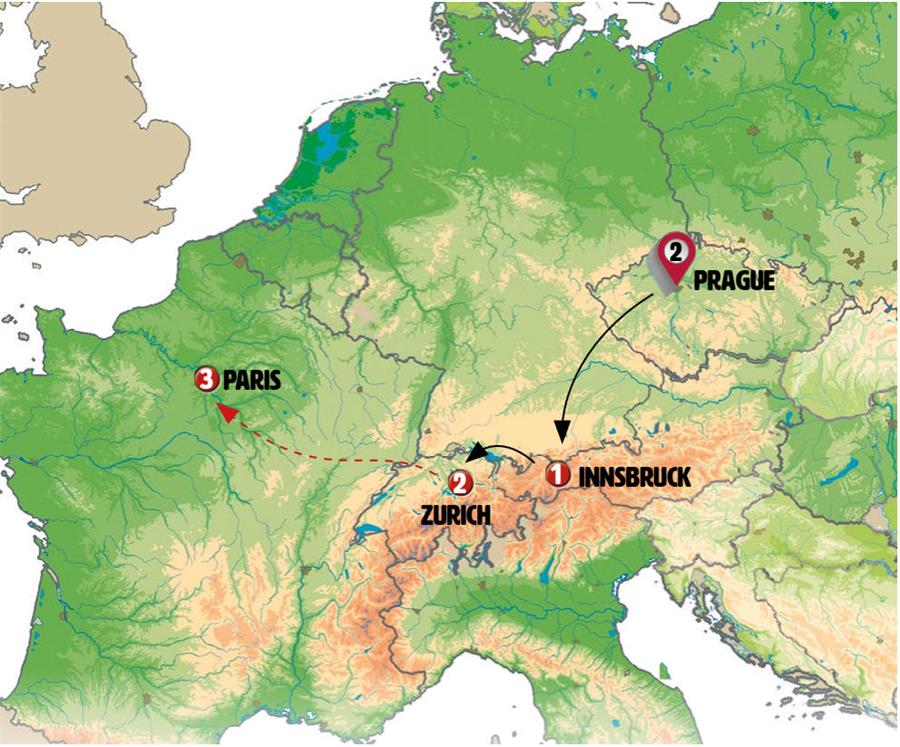 From Prague to Zurich - Map
