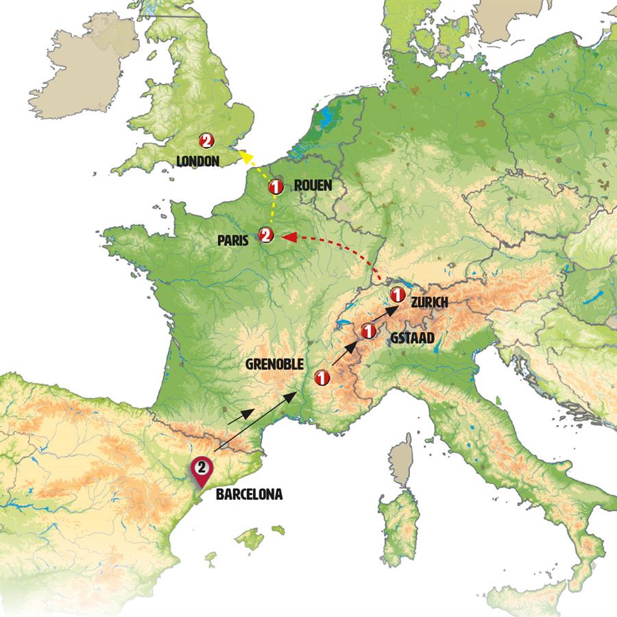 tourhub | Europamundo | Barcelona to Zurich with Paris | Tour Map