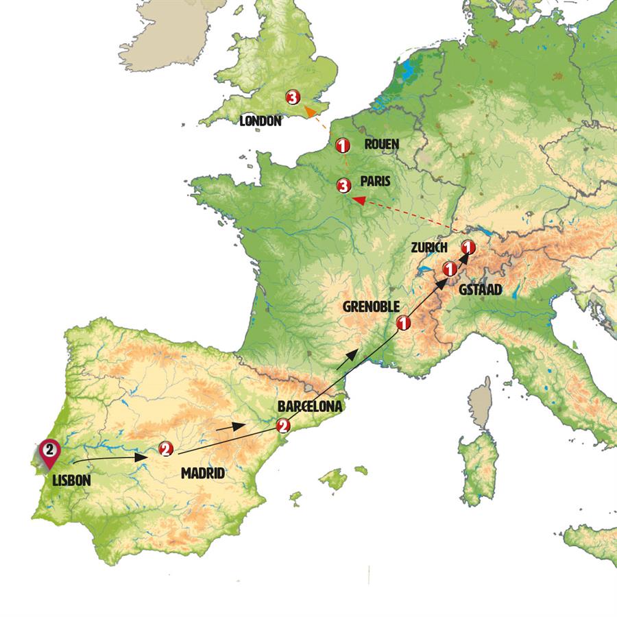 tourhub | Europamundo | Portugal, Spain, Switzerland and France | Tour Map
